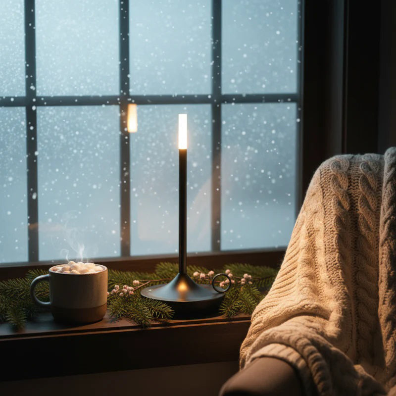 Cozy indoor scene with a candle, mug of hot chocolate, and blanket by a window with snow falling.