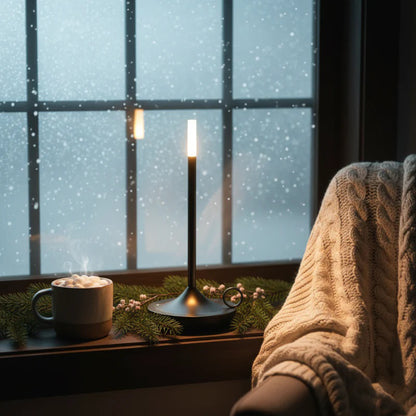 Cozy indoor scene with a candle, mug of hot chocolate, and blanket by a window with snow falling.