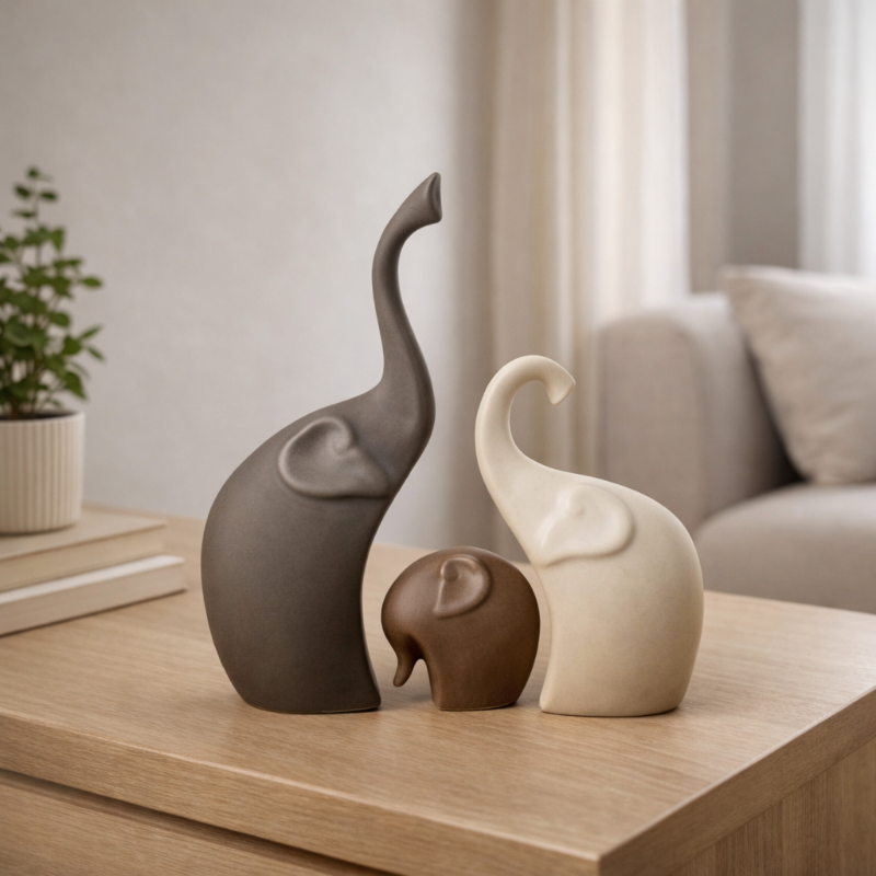 Elephant sculptures set of 3 on coffee table in neutral living room