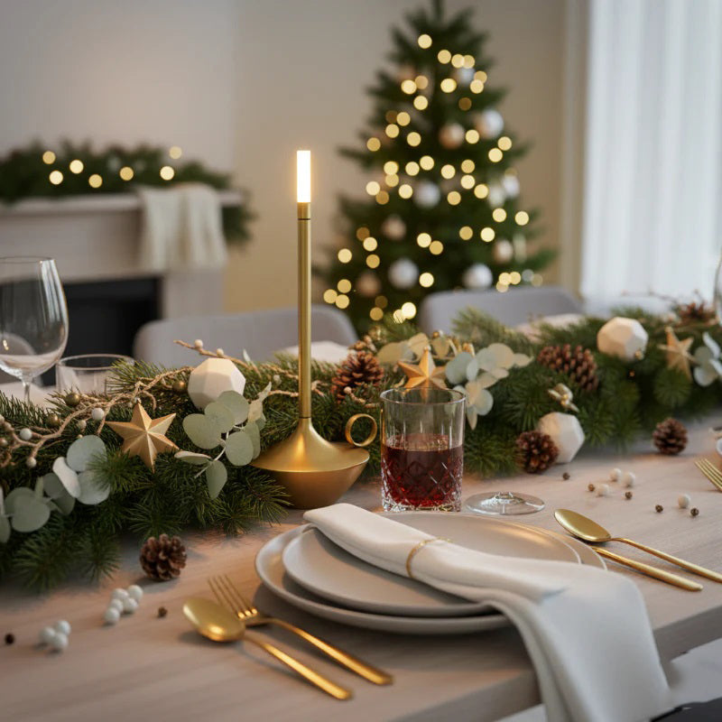 Decorated table with Christmas tree and garland in a festive setting