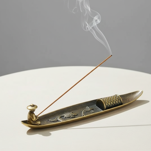 Fishing incense burner with fisherman figurine and smoke trail – handcrafted ceramic decor by Kiyo Home