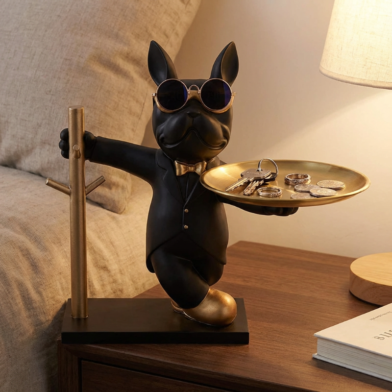 Decorative statue of a dog holding a tray with keys on a nightstand.