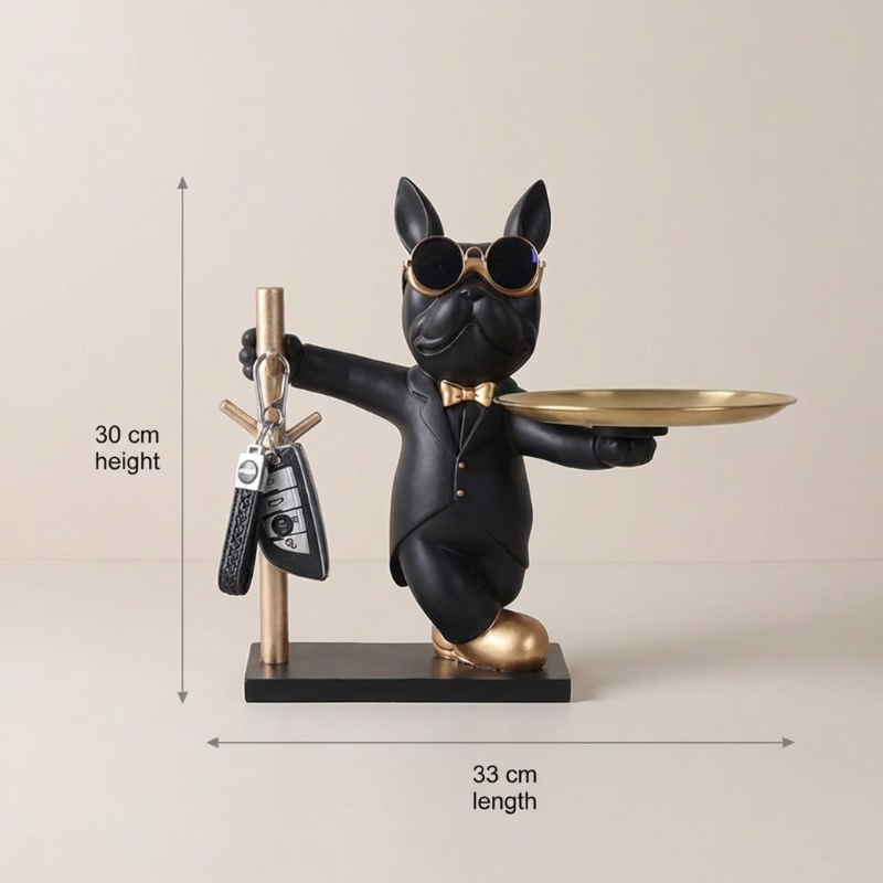 Decorative statue of a black cat in a suit with a tray and key holder, showing measurements on a beige background.