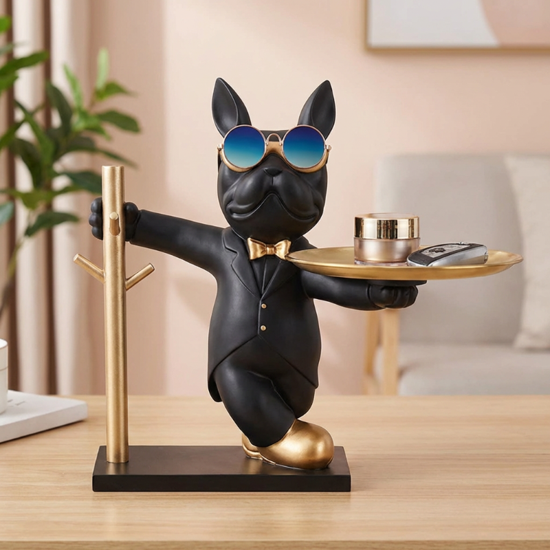 Decorative statue of a dog in a suit holding a tray with a plant and chair in the background