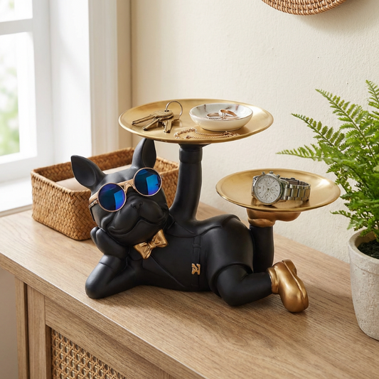 Black dog-shaped jewelry stand with gold accents on a wooden surface.