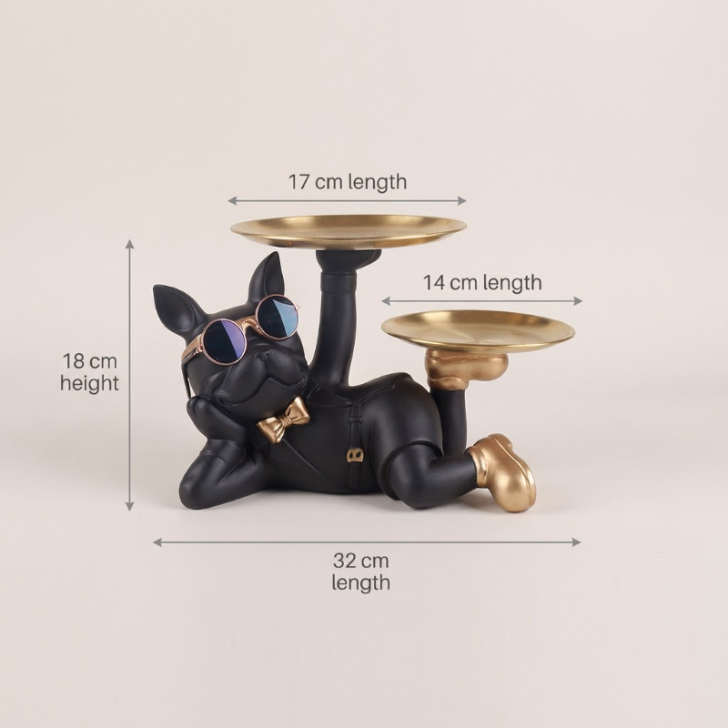 Black dog-shaped candle holder with gold accents and sunglasses, shown with measurements on a beige background.