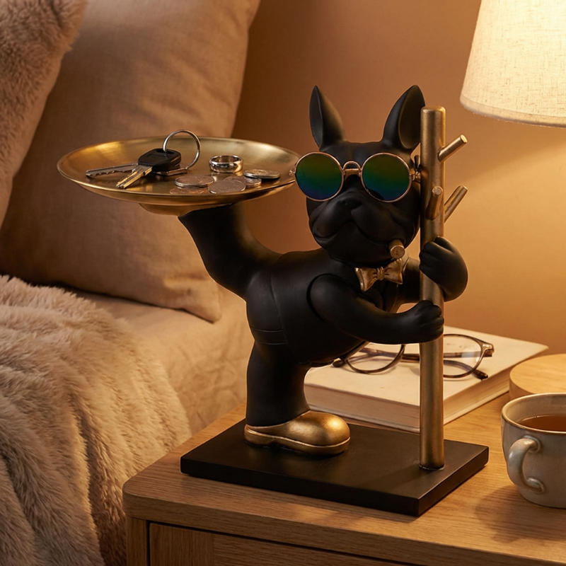 Black dog figurine with sunglasses holding a tray on a nightstand.