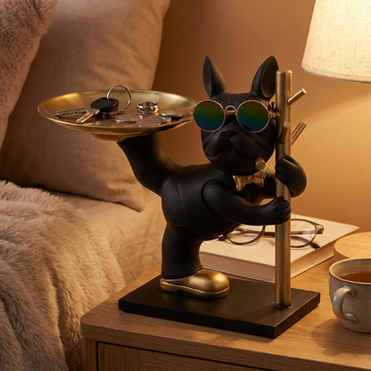 Black dog figurine with sunglasses holding a tray on a nightstand.