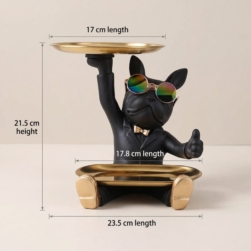 Dog-shaped table lamp with dimensions on a beige background