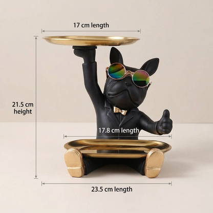 Dog-shaped table lamp with dimensions on a beige background