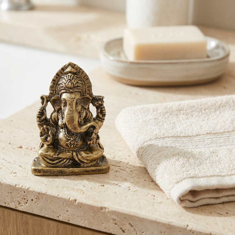 Small brass statue of Ganesha on a bathroom counter with soap and towel in the background
