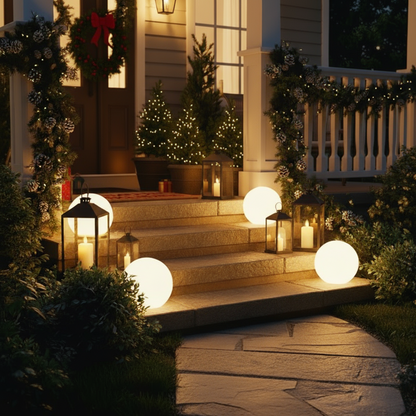 Decorative outdoor setting with lanterns and lights on a porch at night.