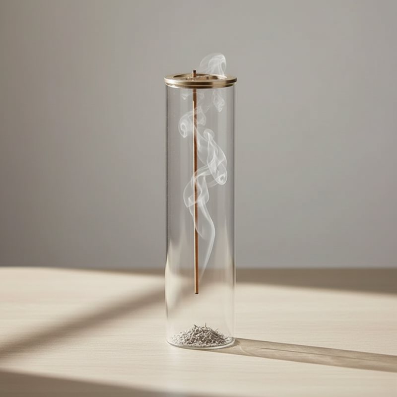 Glass incense burner with sleek minimalist design on light grey background – modern aromatherapy decor by Kiyo Home