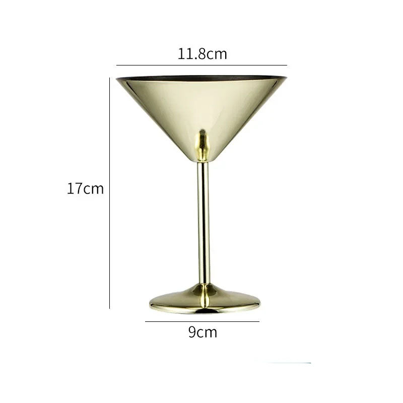 A product image of a gold-colored martini glass with its dimensions labeled.
