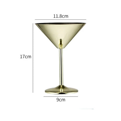 A product image of a gold-colored martini glass with its dimensions labeled.