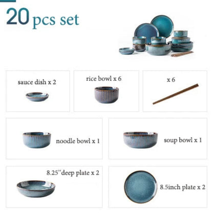 A blue 20-piece dinnerware set.