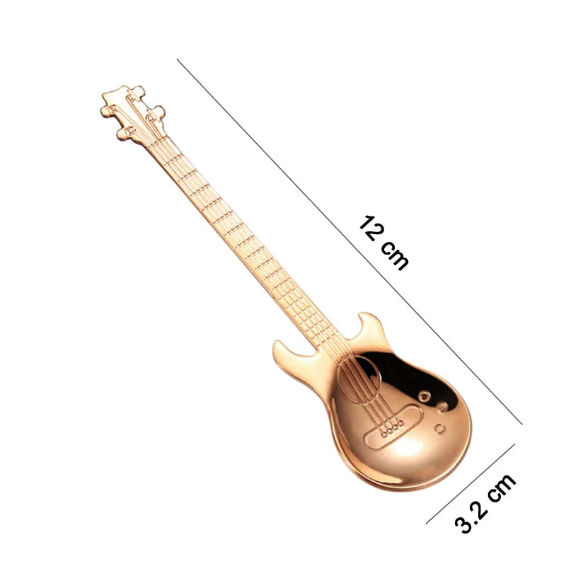 Small model of a guitar with dimensions indicated on a white background