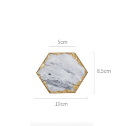 An image of a single hexagonal marble coaster with gold edges. The coaster has dimensions written next to it: 5cm, 8.5cm, and 10cm.