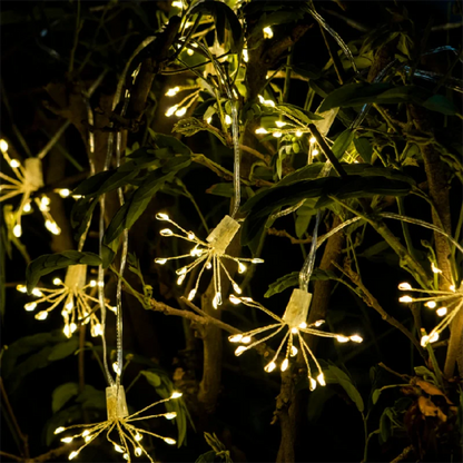 Lit dandelion-shaped string lights hanging in dark foliage.
