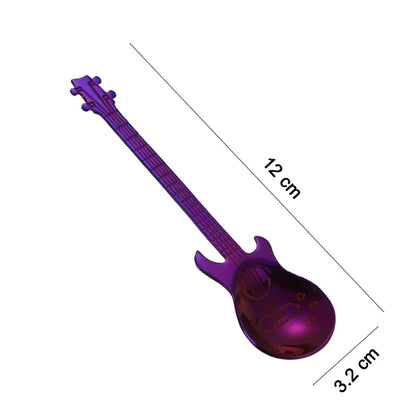 Purple toy guitar with measurements on a white background