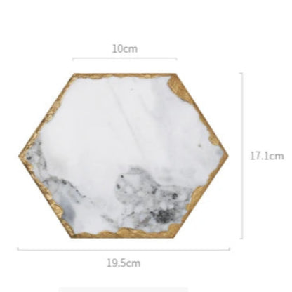 An image of a single hexagonal marble coaster with gold edges. The coaster has dimensions written next to it: 10cm, 17.1cm, and 19.5cm.