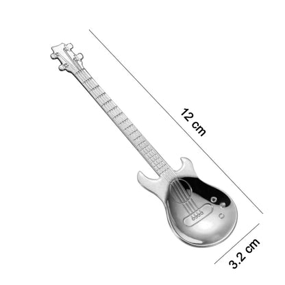 Silver electric guitar model with dimensions labeled on a white background