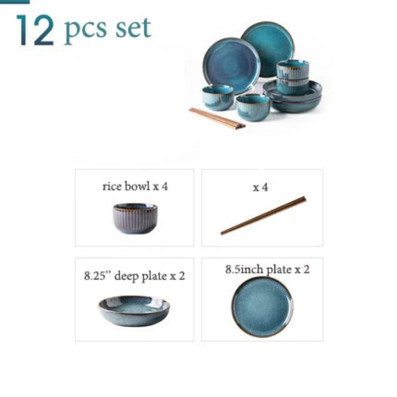 A blue 12-piece dinnerware set.