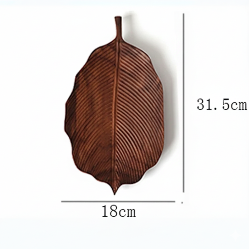 A darker brown, leaf-shaped wooden decorative tray or dish, with dimensions marked as 31.5 cm in height and 18 cm in width, set against a plain white background.