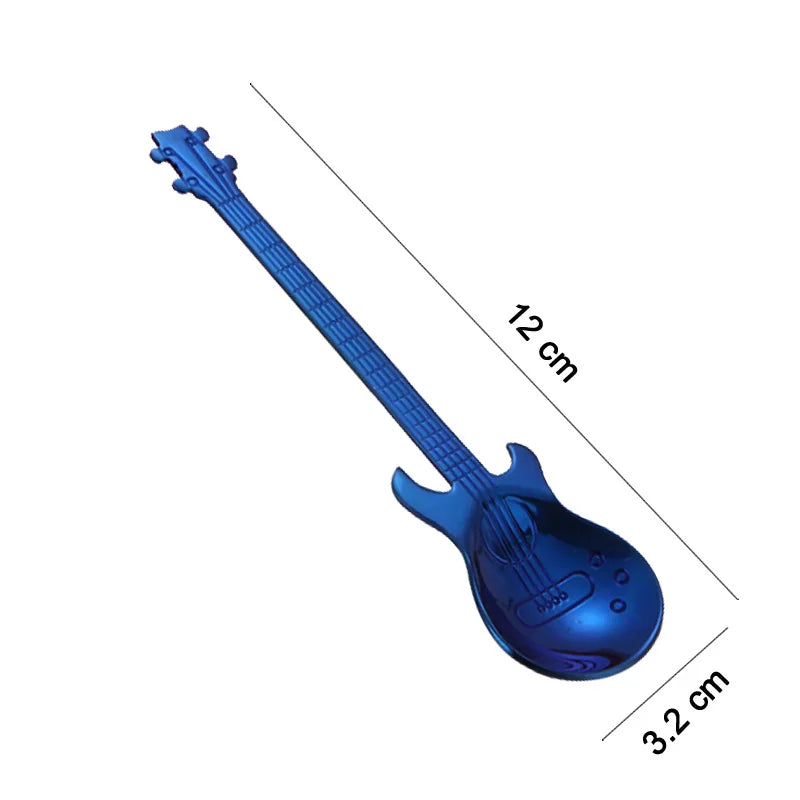 Blue toy guitar with measurements on a white background