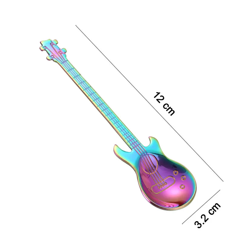 Colorful toy guitar with dimensions on a white background