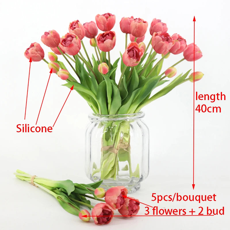Parrot faux silicone tulips dimensions graphic in clear glass vase