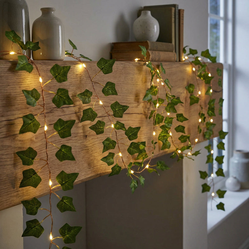 Decorative string lights with green leaves on a wooden surface