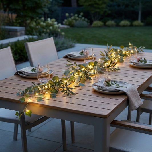 Dining table set outdoors with string lights and greenery