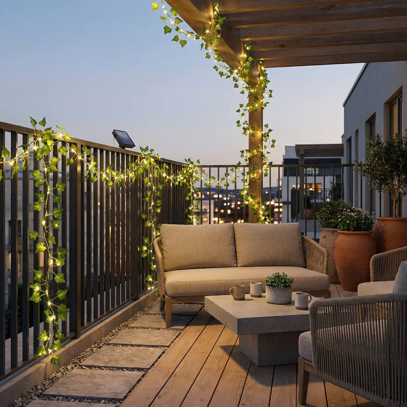 Cozy outdoor patio with a couch, coffee table, and string lights on a wooden deck.