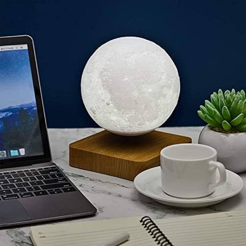 Hovering moon lamp rotating gently, creating a mesmerizing visual experience.