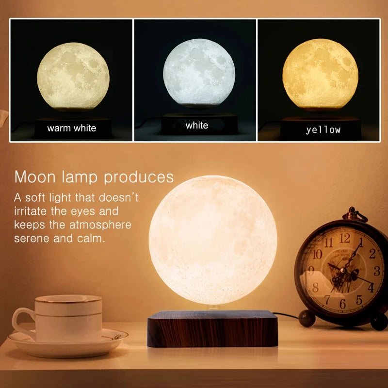 Levitating moon lamp with adjustable light modes, ideal for relaxing evenings.