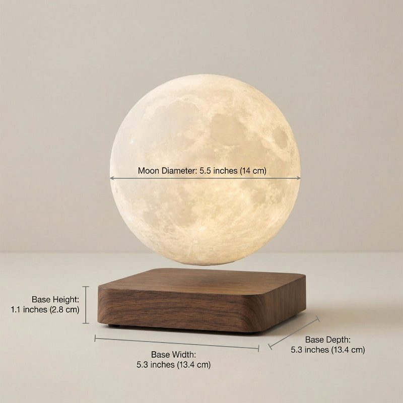 Levitating moon lamp with dimensions on a neutral background