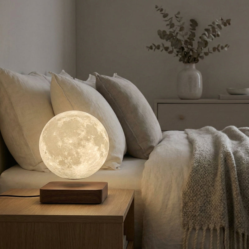 Moon lamp on a wooden table next to a bed with pillows and a blanket