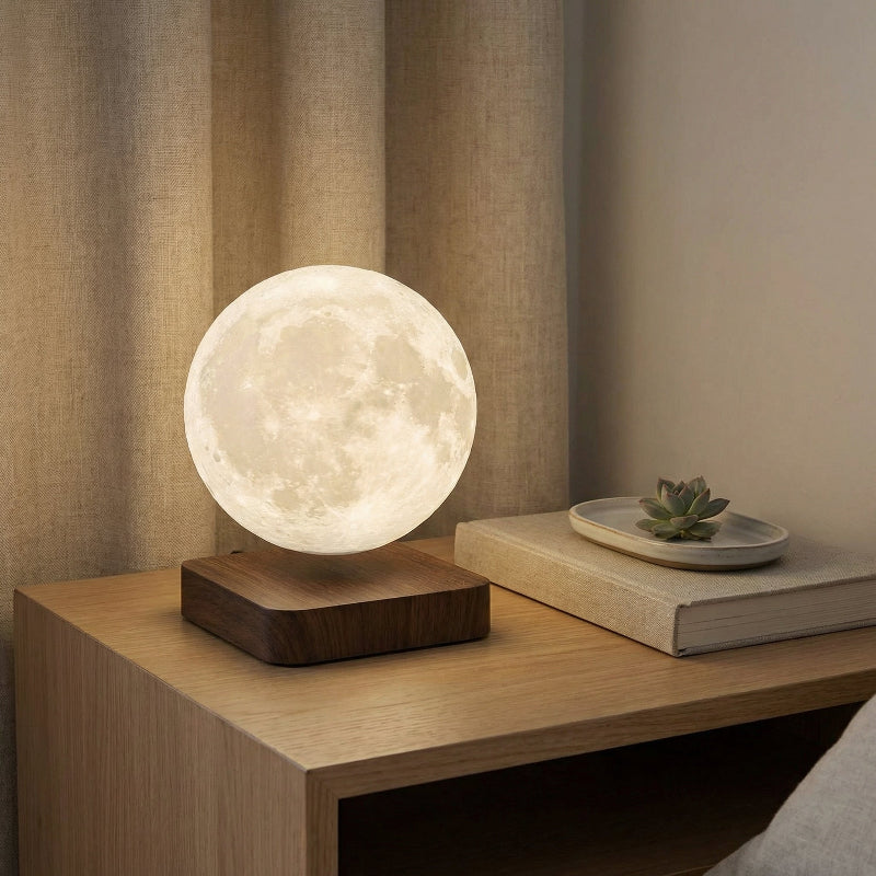 Moon-shaped lamp on a wooden surface with a book and small plant in the background.