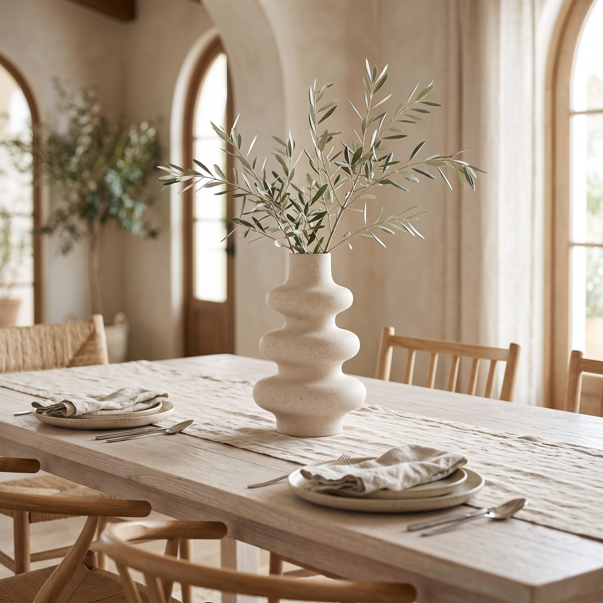 Cream rippled ceramic vase with an olive branch on a wood dining table set with plates and napkins, with wood chairs and arched windows behind
