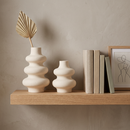 Two cream rippled ceramic vases of different sizes on a wood wall shelf, one holding a dried fan palm leaf, beside a row of books and a framed line drawing