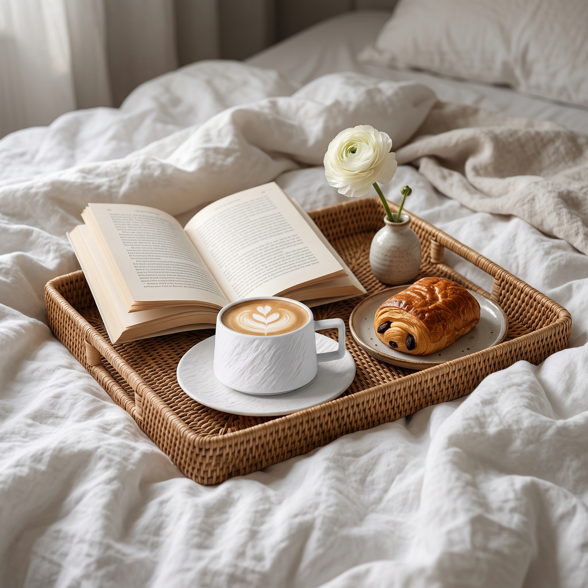 White textured ceramic cup and saucer with a latte on a wicker tray on a bed with white linen, beside an open book, a croissant and a small vase with a white flower