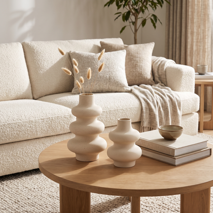 Two cream rippled ceramic vases of different sizes on a round wood coffee table with books and a small bowl, in front of a cream sofa, one vase holding dried bunny tail grass