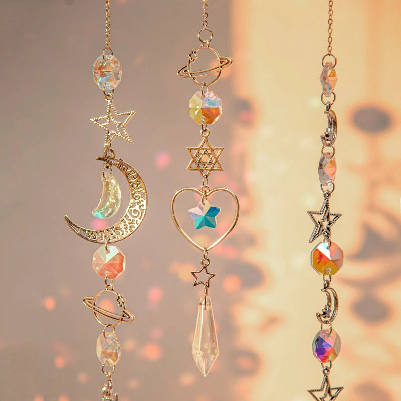 Handcrafted meditation suncatcher dispersing sunlight into soothing rainbow hues.