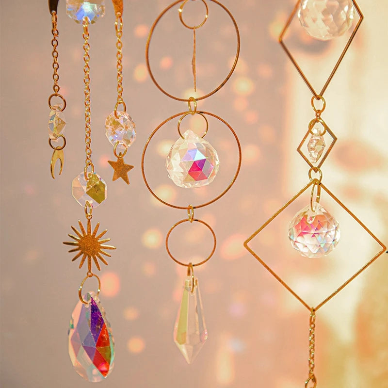 Meditation suncatcher hanging near a window, filling the room with calming light effects.