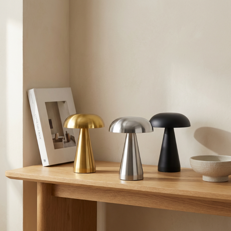 Metallic mushroom table lamps in silver, gold, and black on console table