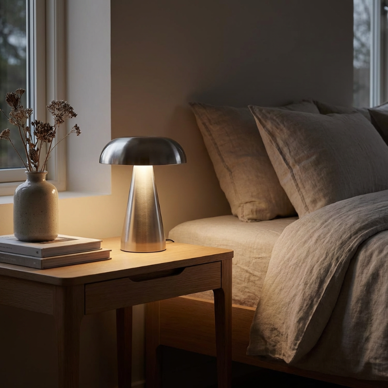 Metallic mushroom table lamp in silver on bedside table in softly lit bedroom