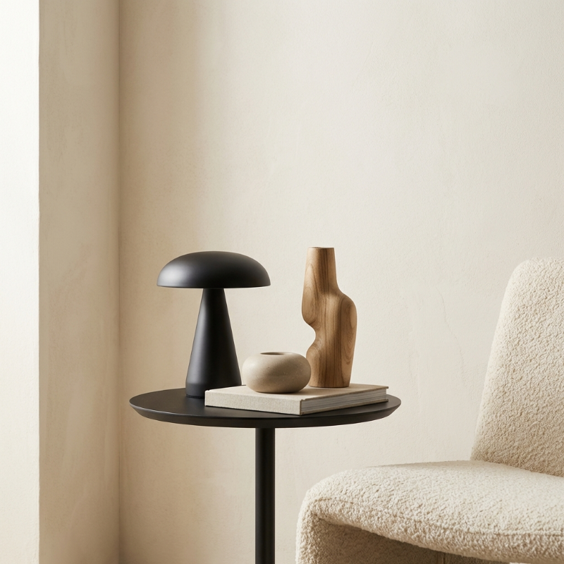 Metallic mushroom table lamp in black on round side table