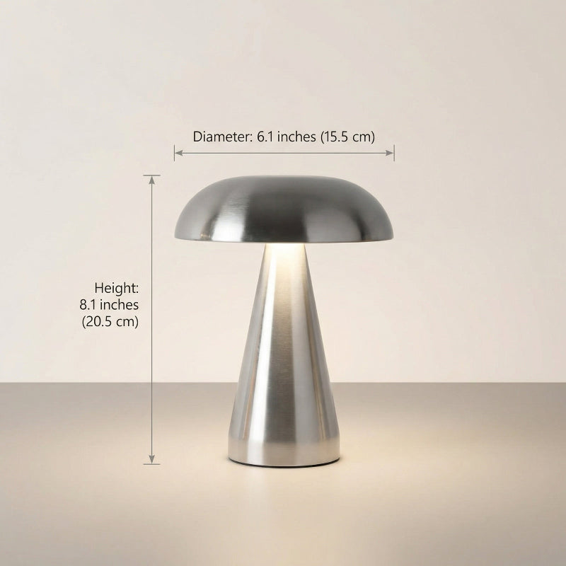 Metallic mushroom table lamp dimensions graphic on white background
