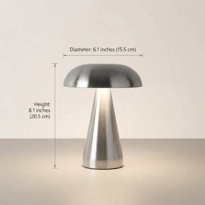 Metallic mushroom table lamp dimensions graphic on white background